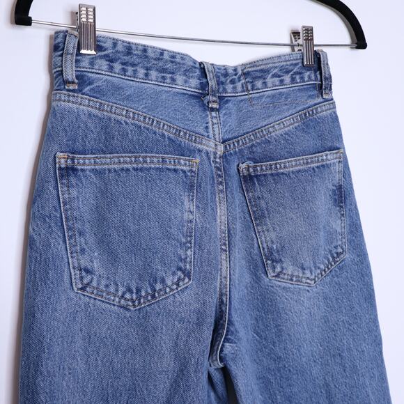 ZARA High Rise Distressed Straight Leg Jean Blue Medium Wash Denim Women's 2 - Picture 6 of 11